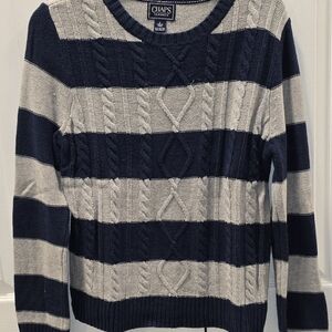 Chaps Cable Knit Sweater Navy/Grey Striped Womens Size Large Crew Neck